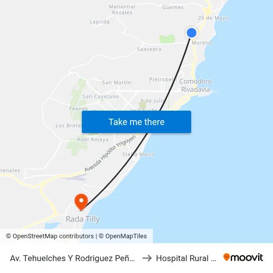 Av. Tehuelches Y Rodriguez Peña (Banco Chubut) to Hospital Rural Rada Tilly map