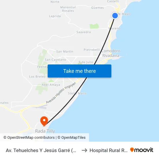 Av. Tehuelches Y Jesús Garré (Hipertehuelche) to Hospital Rural Rada Tilly map