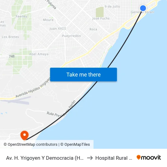 Av. H. Yrigoyen Y Democracia (Hospital Regional) to Hospital Rural Rada Tilly map