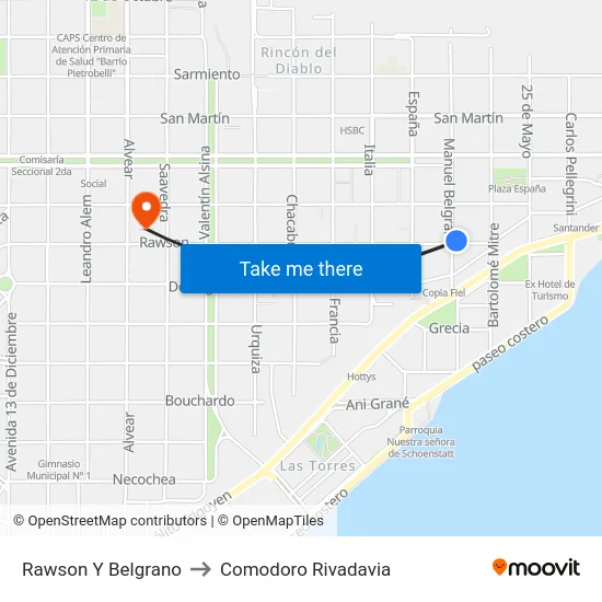 Rawson Y Belgrano to Comodoro Rivadavia map