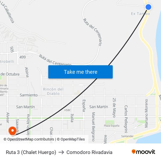 Ruta 3 (Chalet Huergo) to Comodoro Rivadavia map