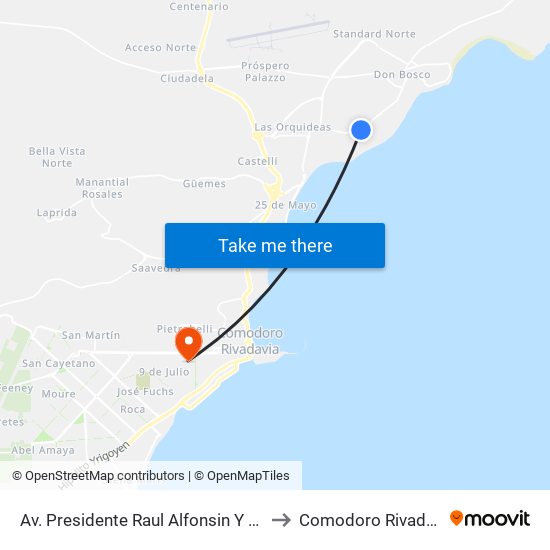 Av. Presidente Raul Alfonsin Y 1654 to Comodoro Rivadavia map