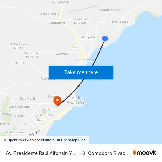 Av. Presidente Raul Alfonsin Y 1658 to Comodoro Rivadavia map