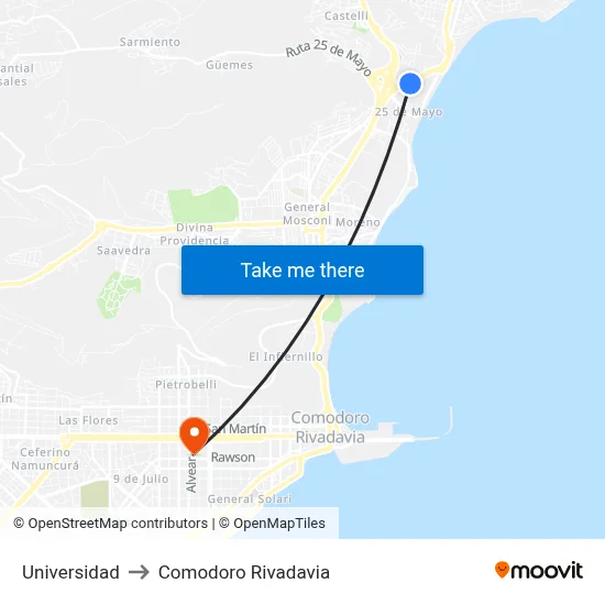 Universidad to Comodoro Rivadavia map