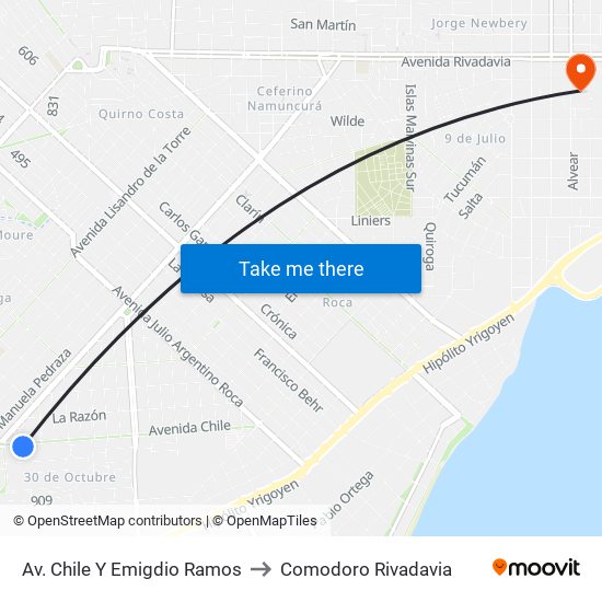 Av. Chile Y Emigdio Ramos to Comodoro Rivadavia map