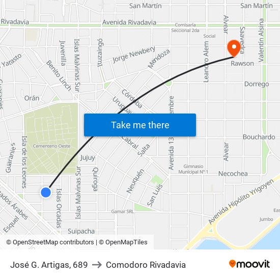 José G. Artigas, 689 to Comodoro Rivadavia map