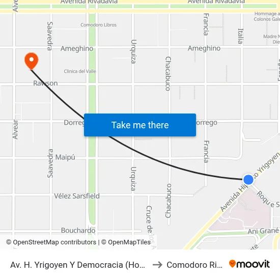 Av. H. Yrigoyen Y Democracia (Hospital Regional) to Comodoro Rivadavia map