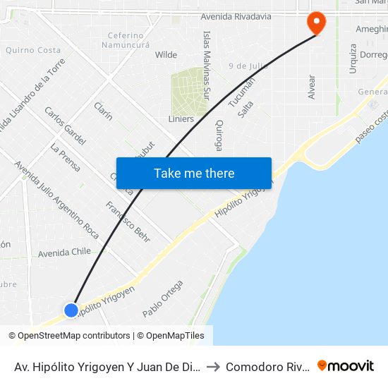 Av. Hipólito Yrigoyen Y Juan De Dios Trevisán to Comodoro Rivadavia map