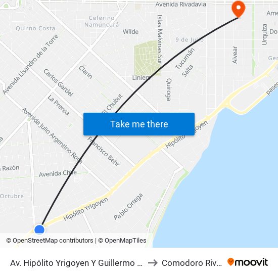 Av. Hipólito Yrigoyen Y Guillermo Leguizamon to Comodoro Rivadavia map