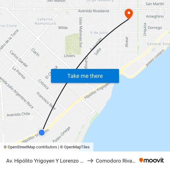 Av. Hipólito Yrigoyen Y Lorenzo Gastaldi to Comodoro Rivadavia map