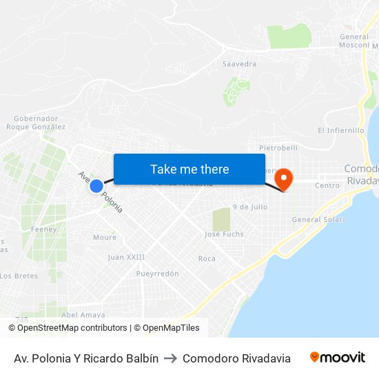Av. Polonia Y Ricardo Balbín to Comodoro Rivadavia map