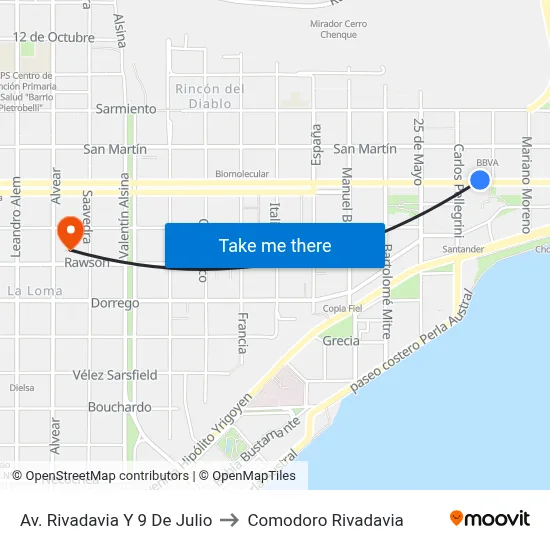 Av. Rivadavia Y 9 De Julio to Comodoro Rivadavia map
