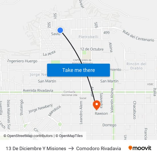 13 De Diciembre Y Misiones to Comodoro Rivadavia map