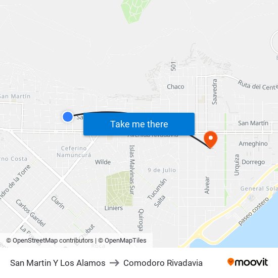 San Martin Y Los Alamos to Comodoro Rivadavia map