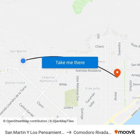 San Martin Y Los Pensamientos to Comodoro Rivadavia map