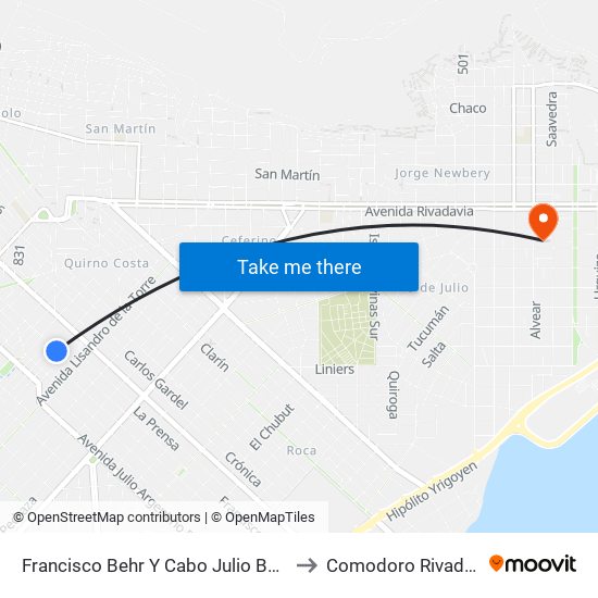 Francisco Behr Y Cabo Julio Benitez to Comodoro Rivadavia map
