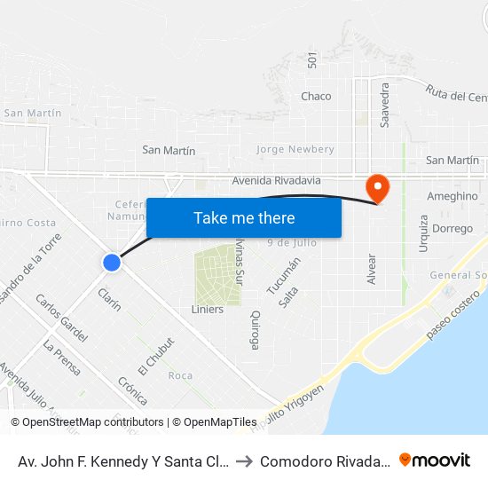 Av. John F. Kennedy Y Santa Clara to Comodoro Rivadavia map