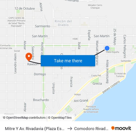 Mitre Y Av. Rivadavia (Plaza España) to Comodoro Rivadavia map