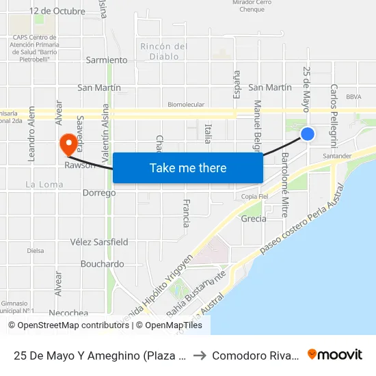25 De Mayo Y Ameghino (Plaza España) to Comodoro Rivadavia map