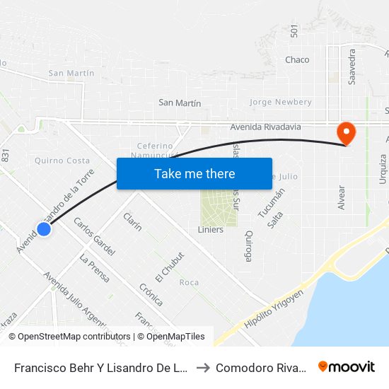 Francisco Behr Y Lisandro De La Torre to Comodoro Rivadavia map