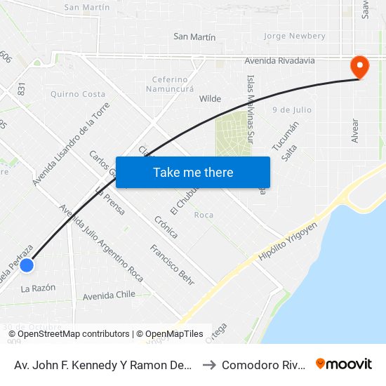 Av. John F. Kennedy Y Ramon Deomar Reina to Comodoro Rivadavia map