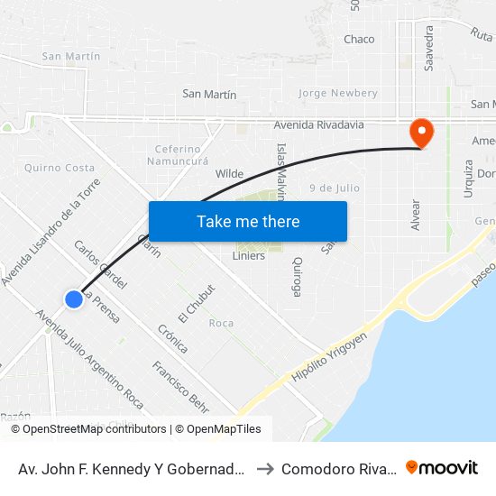 Av. John F. Kennedy Y Gobernador Gallina to Comodoro Rivadavia map