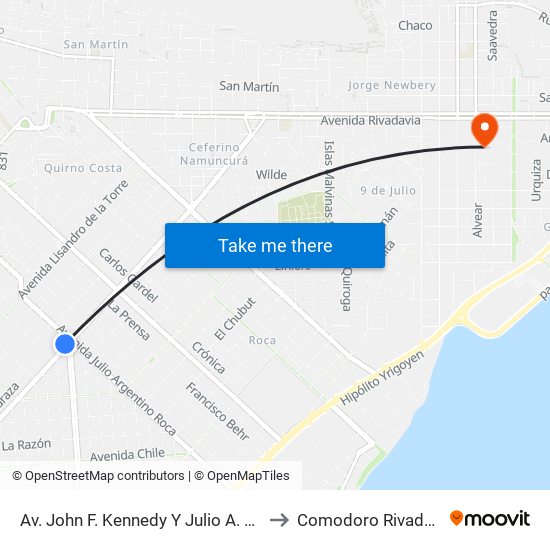 Av. John F. Kennedy Y Julio A. Roca to Comodoro Rivadavia map