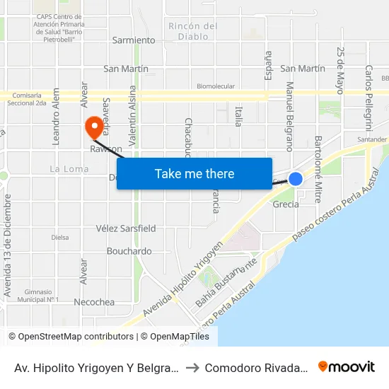 Av. Hipolito Yrigoyen Y Belgrano to Comodoro Rivadavia map