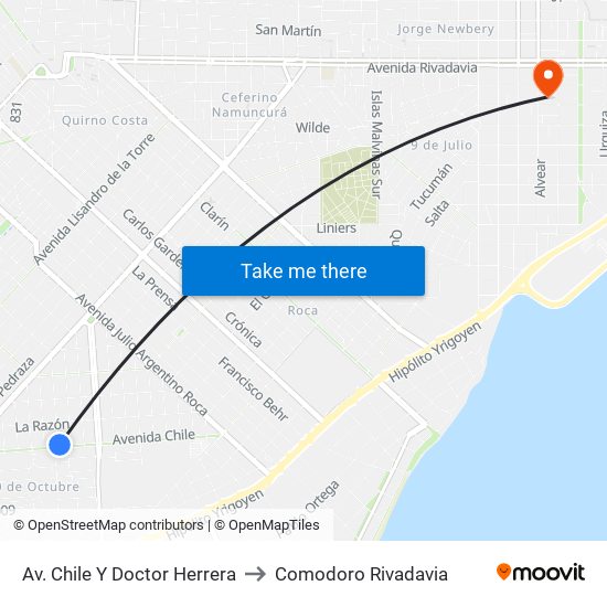 Av. Chile Y Doctor Herrera to Comodoro Rivadavia map