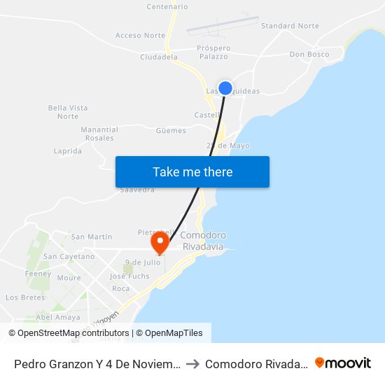 Pedro Granzon Y 4 De Noviembre to Comodoro Rivadavia map