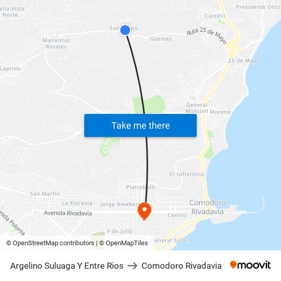 Argelino Suluaga Y Entre Rios to Comodoro Rivadavia map