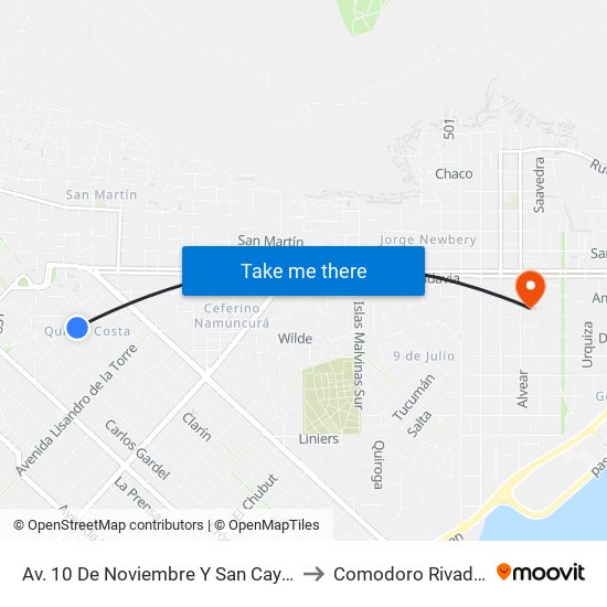 Av. 10 De Noviembre Y San Cayetano to Comodoro Rivadavia map