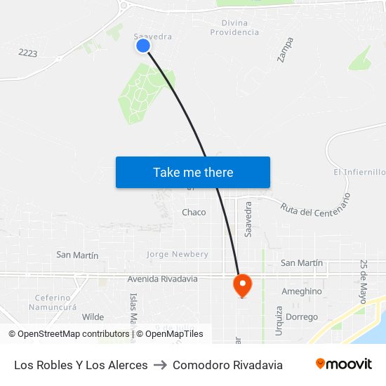 Los Robles Y Los Alerces to Comodoro Rivadavia map