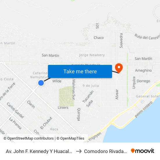 Av. John F. Kennedy Y Huacalera to Comodoro Rivadavia map
