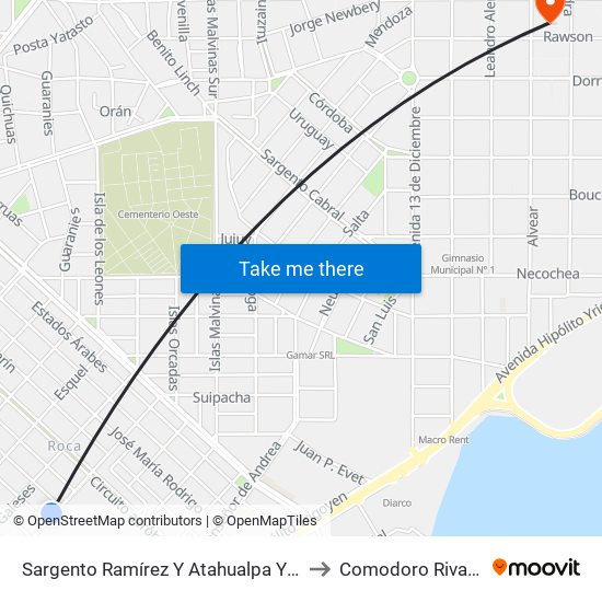 Sargento Ramírez Y Atahualpa Yupanqui to Comodoro Rivadavia map
