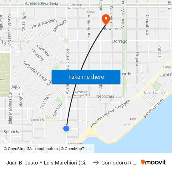Juan B. Justo Y Luis Marchiori (Ciudad Judicial) to Comodoro Rivadavia map
