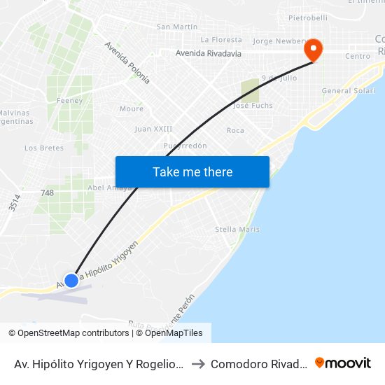 Av. Hipólito Yrigoyen Y Rogelio Riera to Comodoro Rivadavia map