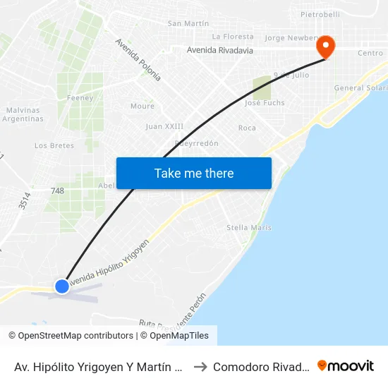 Av. Hipólito Yrigoyen Y Martín Venter to Comodoro Rivadavia map