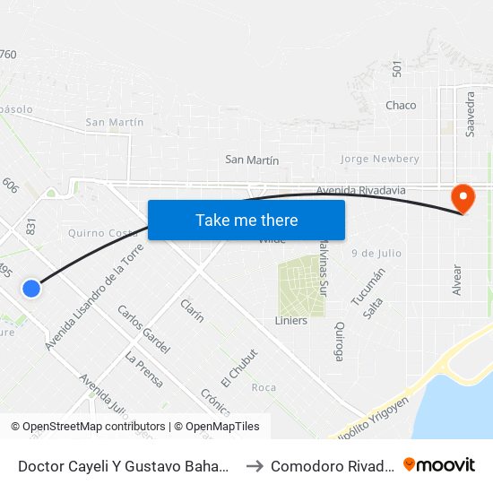 Doctor Cayeli Y Gustavo Bahamonde to Comodoro Rivadavia map