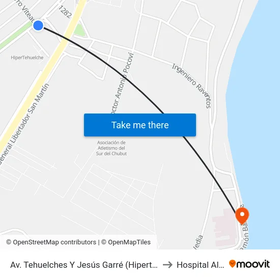 Av. Tehuelches Y Jesús Garré (Hipertehuelche) to Hospital Alvear map