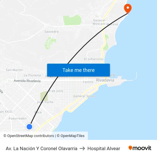 Av. La Nación Y Coronel Olavarria to Hospital Alvear map