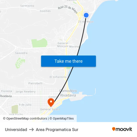 Universidad to Area Programatica Sur map
