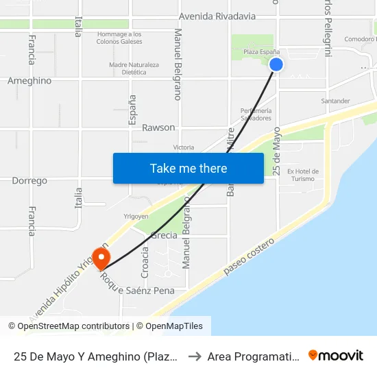 25 De Mayo Y Ameghino (Plaza España) to Area Programatica Sur map