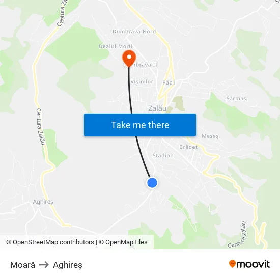 Moară to Aghireș map