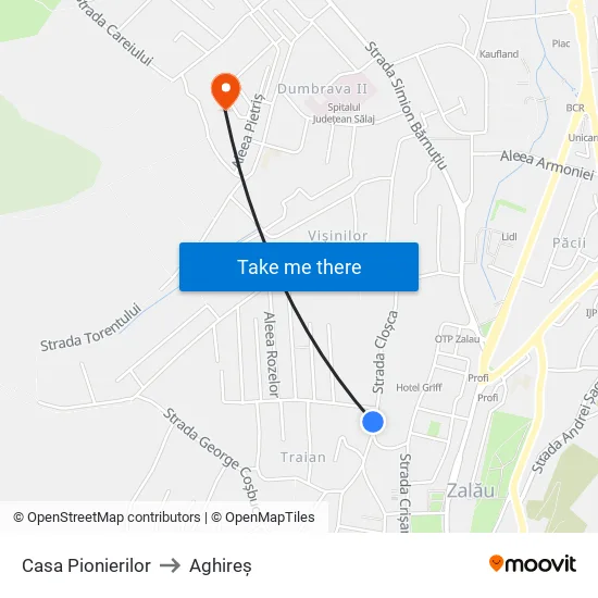 Casa Pionierilor to Aghireș map