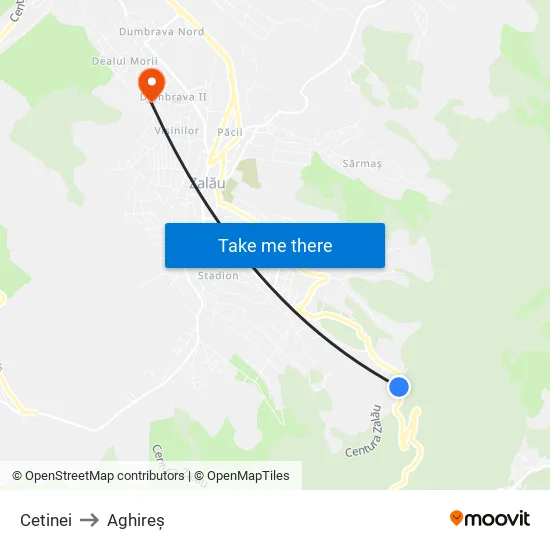 Cetinei to Aghireș map