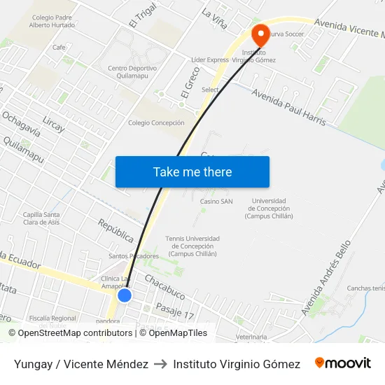 Yungay / Vicente Méndez to Instituto Virginio Gómez map