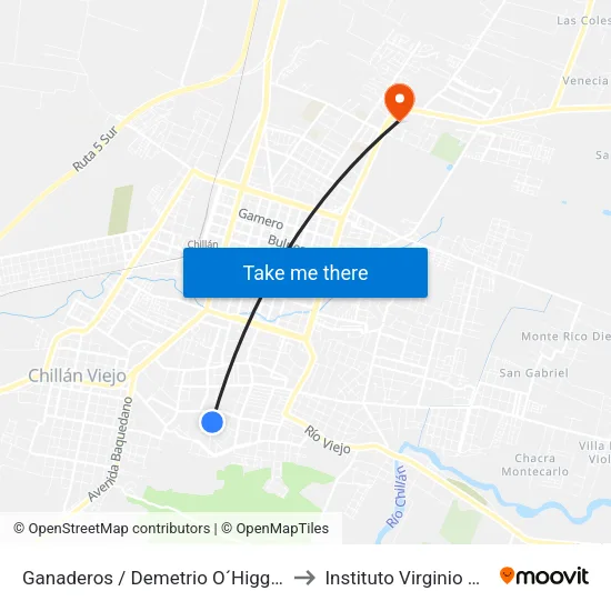 Ganaderos / Demetrio O´Higgins Puga to Instituto Virginio Gómez map