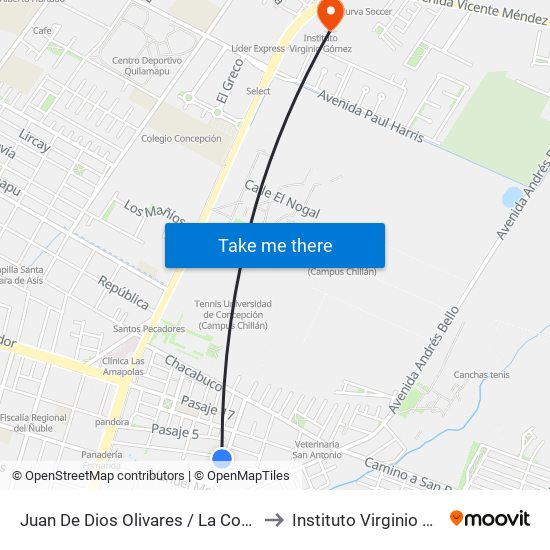 Juan De Dios Olivares / La Concepción to Instituto Virginio Gómez map