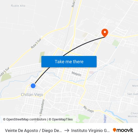 Veinte De Agosto / Diego De Rosas to Instituto Virginio Gómez map